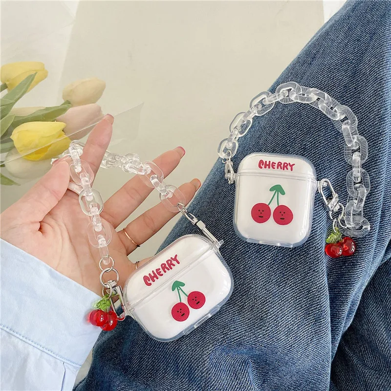 

For Airpods 1 2 Pro Case Transparent Clear Cherry Soft Silicone Protective Cover For Airpod Case Funda Keychain