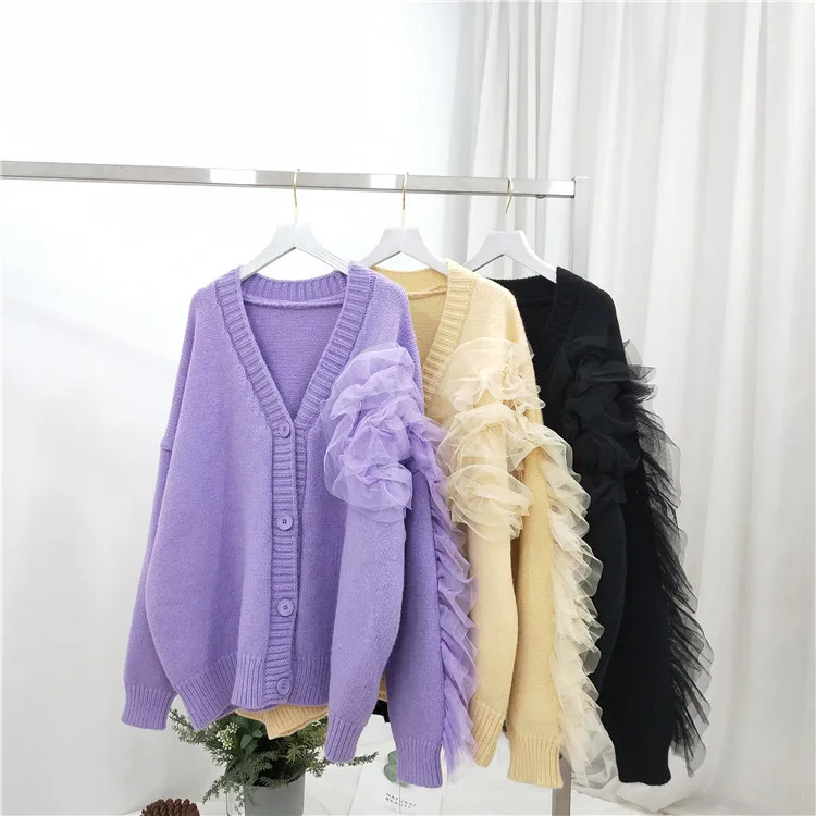 

Causal V-neck Mesh Patchwork Knitted Cardigan Autumn Winter New Korean Sweater Coat Women Fashion Knitwear Top Cotton Polyester