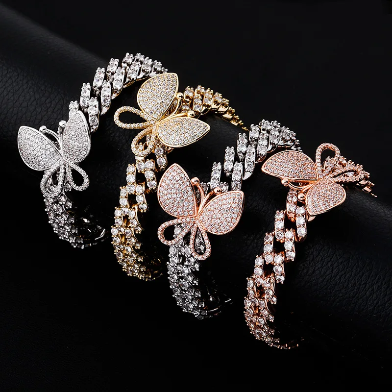 

Hip Hop AAA CZ Stone Bling Iced Out Butterfly Hang Cuban Curb Miami Link Chain Bracelets for Men Women Unisex Fashion Jewelry