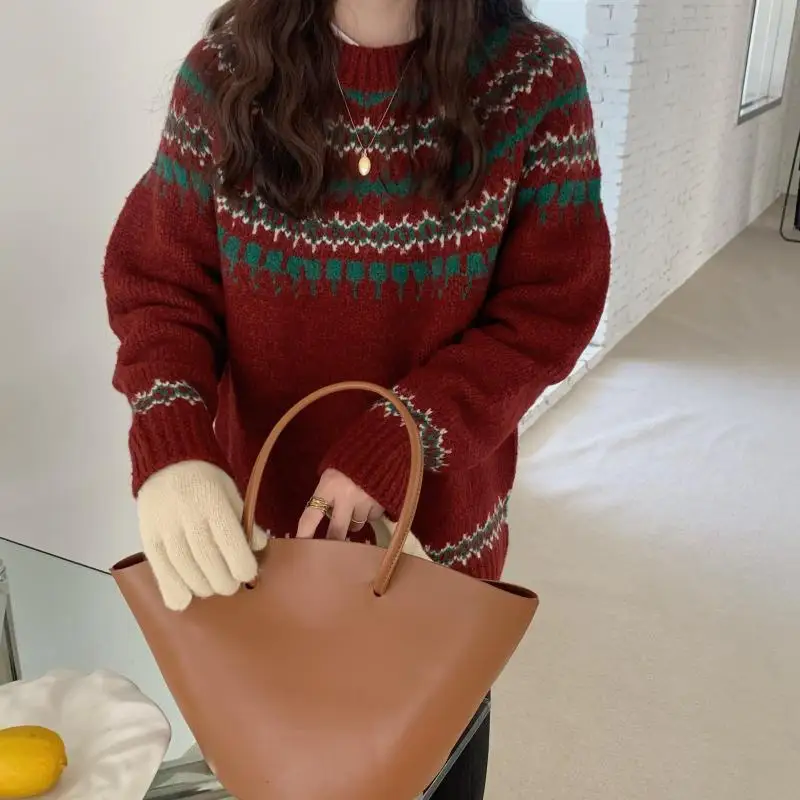 

Comelsexy Women Knitwear 2021 Pullover Knitted Sweater Printing Retro Loose Warm Elegant Gentle Chic Casual Loose Casual Tops