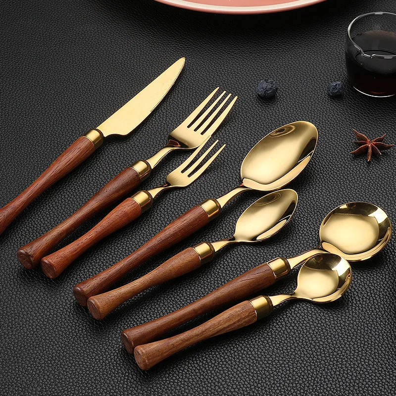 

5PCS Real Rose Wood Natural Real Wooden Handle Stainless Steel Spoons Cutlery Sets Spoon Dinnerware Dining Tableware Top Quality