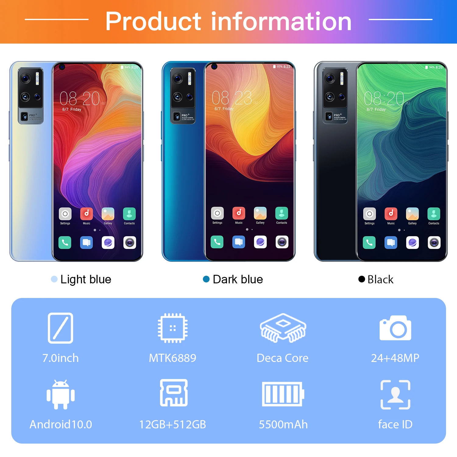 

7.0" X50 Pro+ 5G Real Cellphone 25+48MP MTK6889 5500mAh Android 11 10 Core Processor 12GB RAM 512GB ROM GPS Global Smartphones