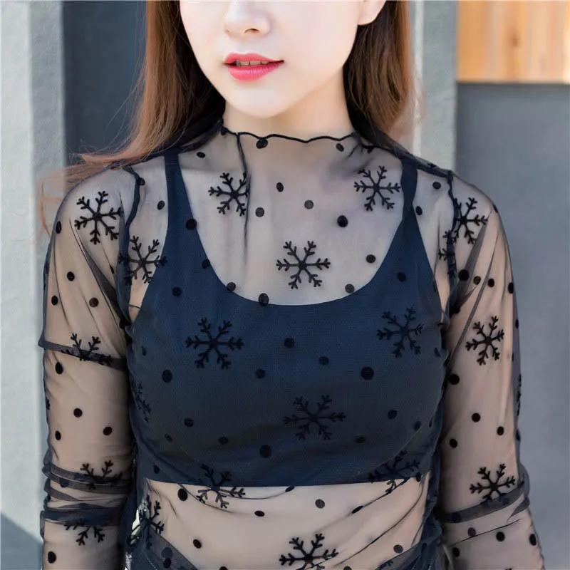 

2021 New Women Sexy Harajuku Mesh Tops Net See Through Transparent Undershirt Star Base Top Camisas Feminina Clubwear
