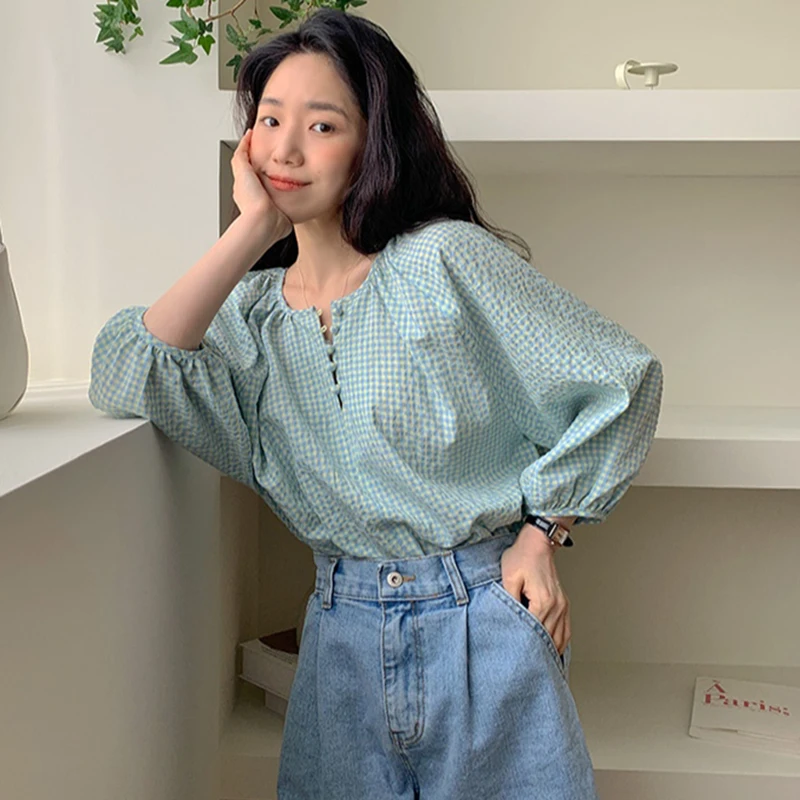

Korejpaa Women Shirt 2021 Summer Korean Age-Reducing Fresh Round Neck Small Breasted Loose Versatile Puff Sleeve Plaid Blouses