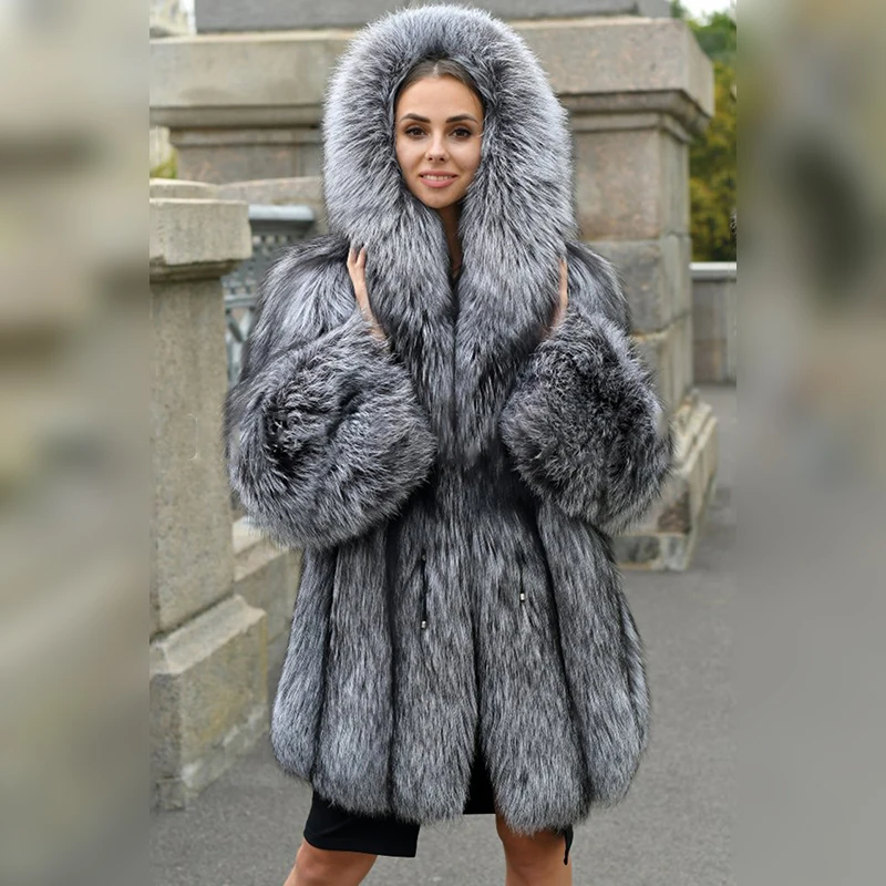 Fashion Medium Length Real Fox Fur Coat With Hood Thick Warm Natural Whole Skin Genuine Silver Fox Fur Coat Trendy Woman Outwear