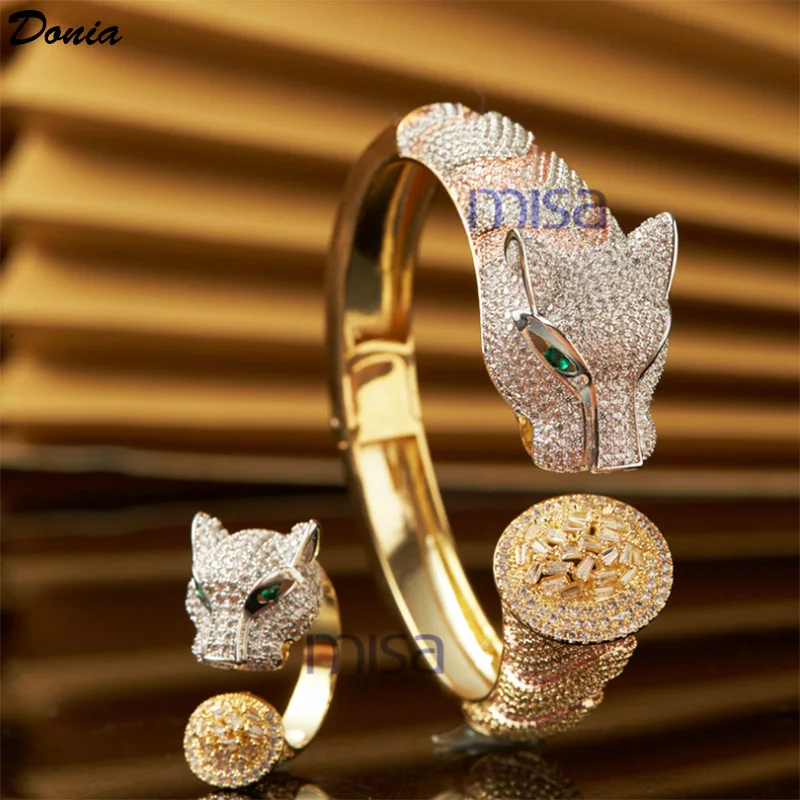 Donia Jewelry Europe and the United States high-grade copper inlaid AAA zircon bracelet Leopard head animal bracelet ring 2 set