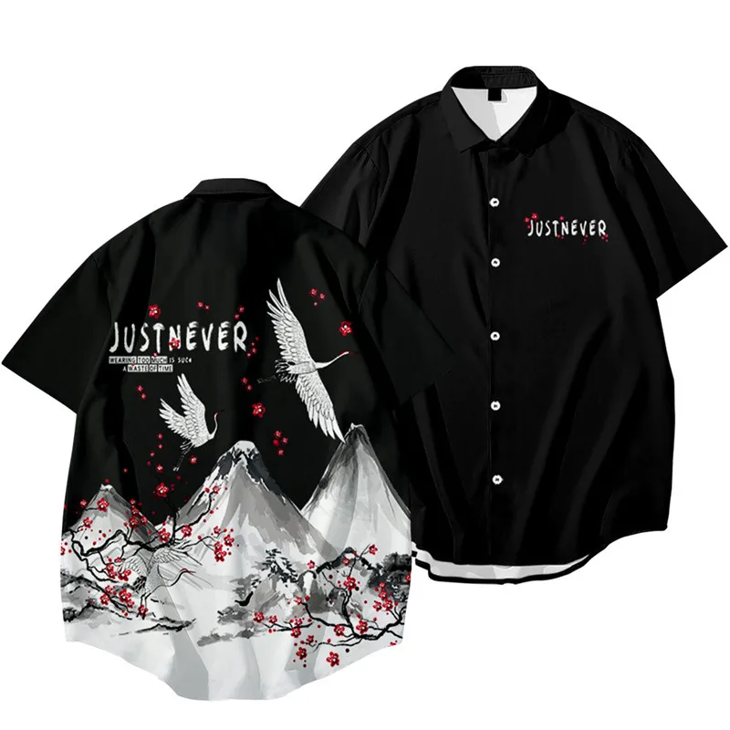 

New Arrival Crane Flower Printed Men Short Sleeve Hawaiian Streetwear Male Blouses Tops Japanese Beach Shirts Oversize 6XL
