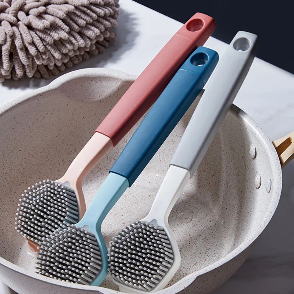 

Double-color Pot Cleaning Brush Long Handle Portable Pot Dish Washing Brush Tool for Kitchen (Blue)