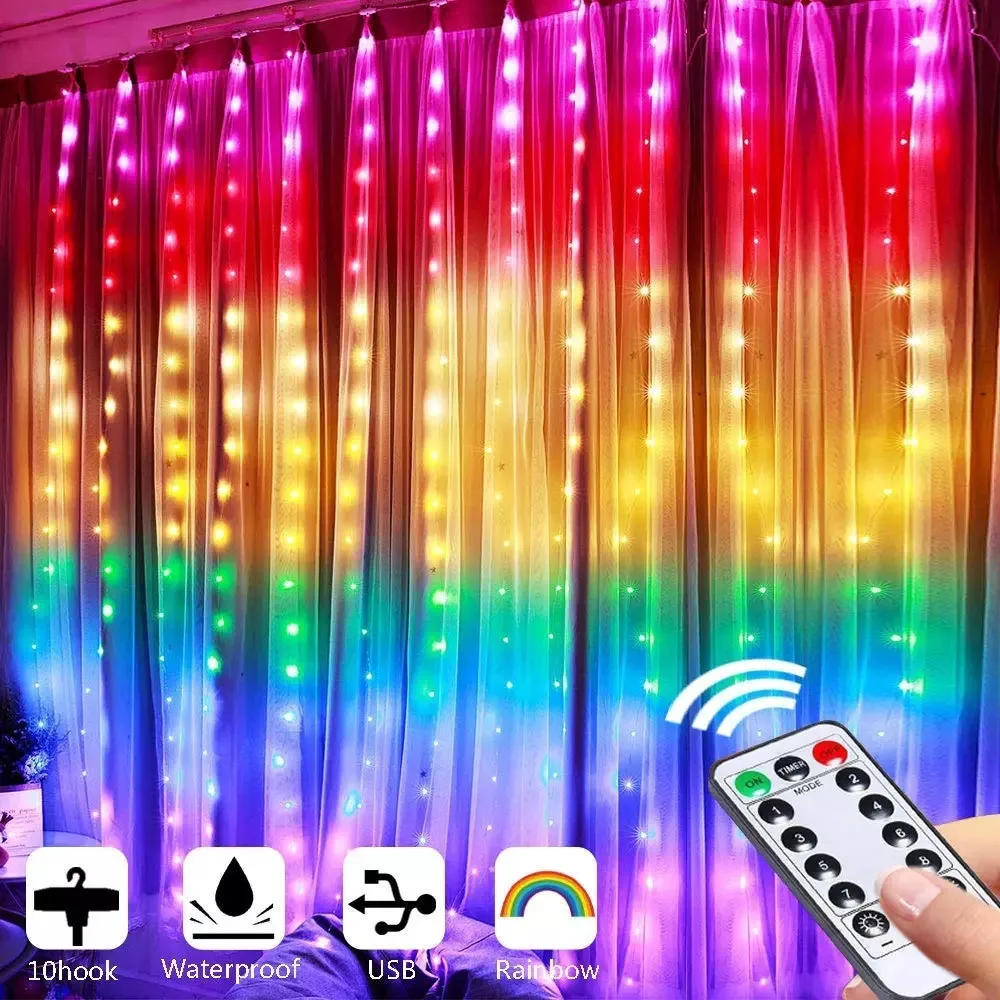 3X3M Rainbow Colorful LEDs Curtain String Light LED Christmas Garland Party Patio Window Decor Fairy Lights Xmas Wedding Light