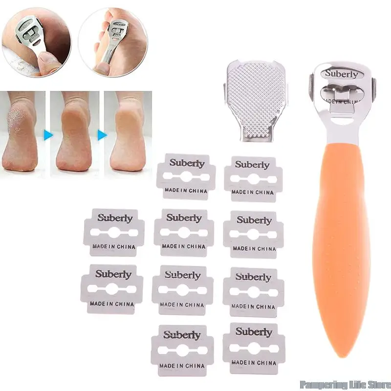 

Бритва для ног, средство для удаления огрубевшей кожи на пятках, инструмент для педикюра, бритва с ручкой из нержавеющей стали, 10 лезвий, инс...