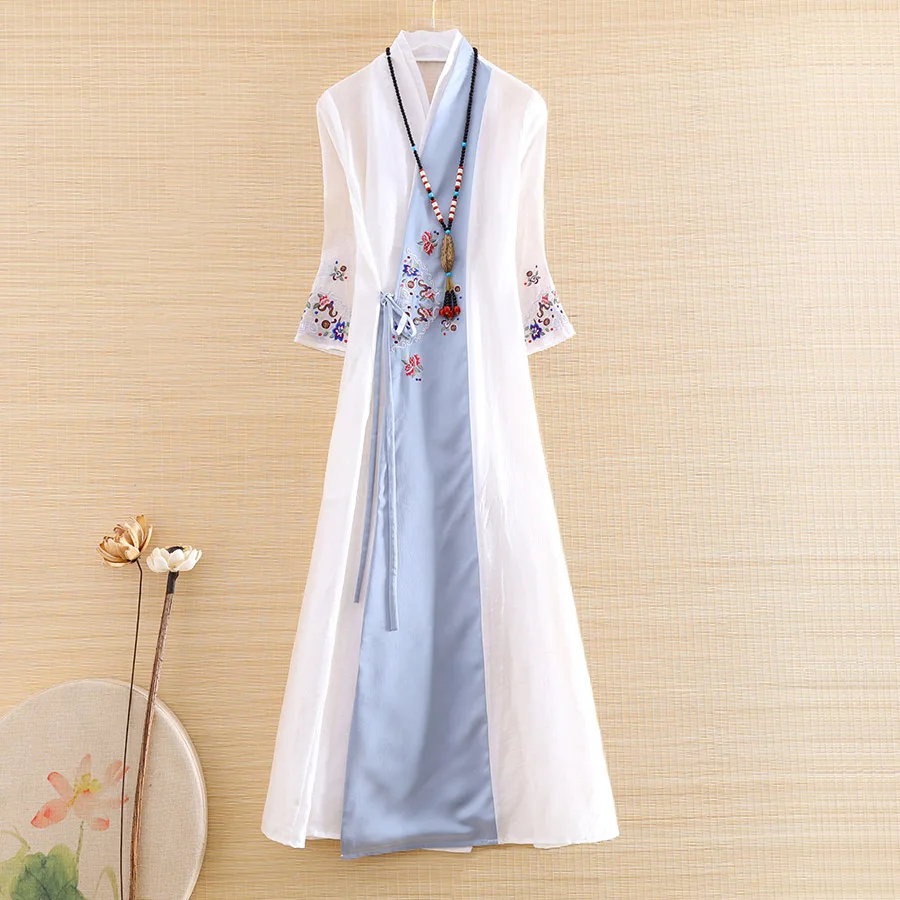

Весенне-летнее платье в китайском стиле для женщин Hanfu из хлопка и льна с вышивкой в стиле ретро с рукавом 3/4, тонкое элегантное женское плать...