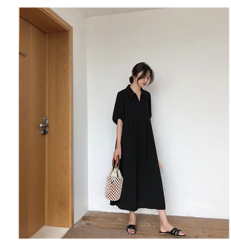 

Women'S Black V-Neck Short Puff Sleeve Cotton And Linen Series Casual Loose Comfortable Long Skirt