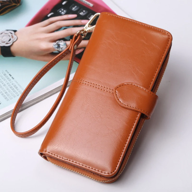 

Women Wallet Oil Wax Leather Long Zipper Buckle Female Retro Simplicity Solid Color Coin Purses Card Holder Bag For Phone