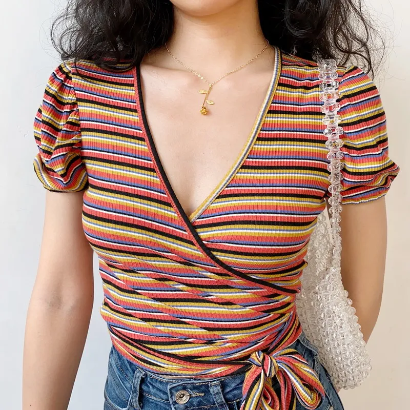 

Color Stripe Top Female V-neck Sexy American Casual Bubble Sleeve Cross Short Sleeve T-shirt