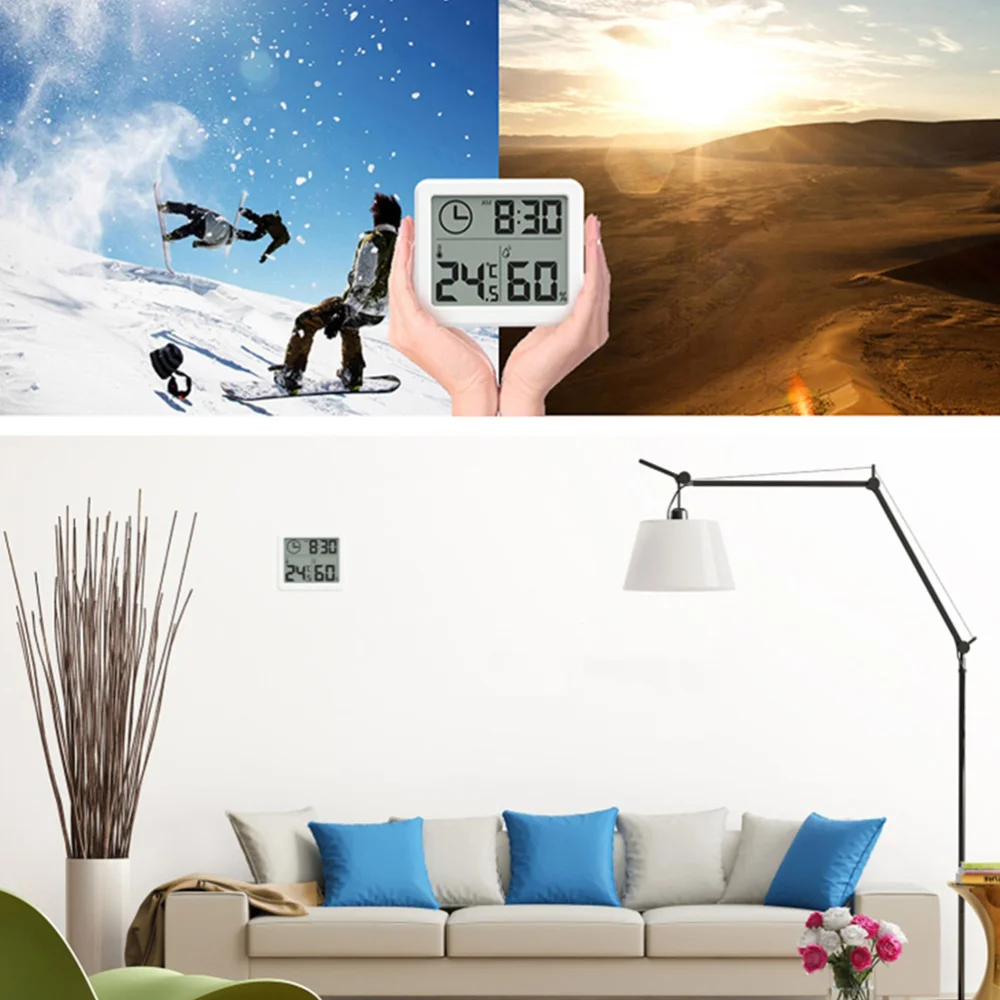 

2pcs Ultra-thin Indoor Practical Home Use Digital Hygrometer Time Display for Office Bedroom (White)