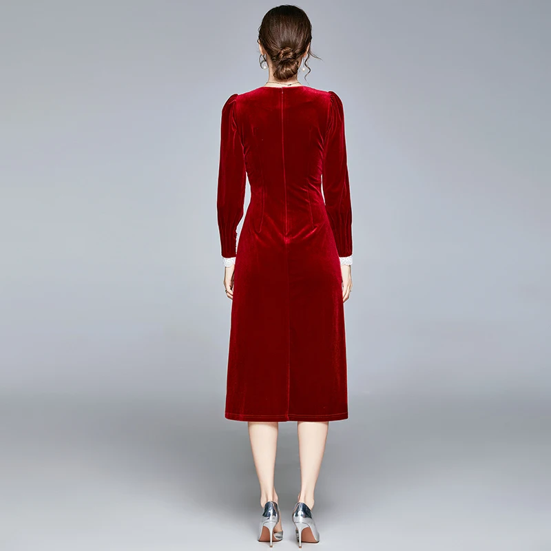 Winter Lace Stitching V-neck Red Gold Velvet Dress Women Long Sleeve Gothic Midi Christmas Party Robe Pull K8731 | Женская одежда