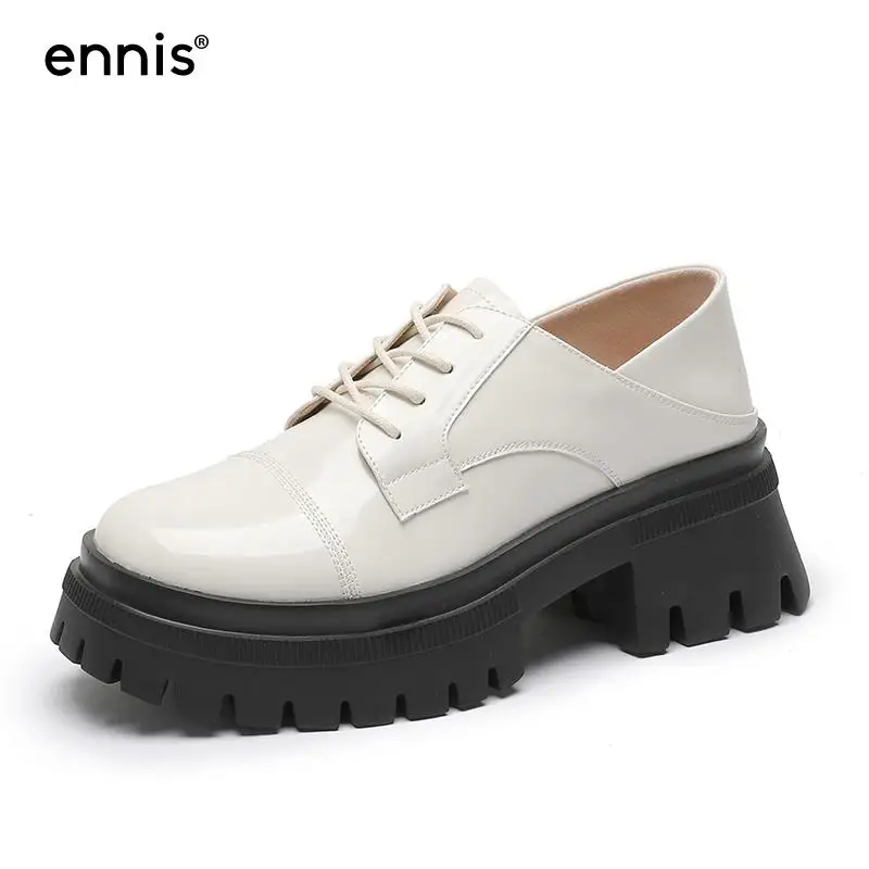 

ENNIS Designer Women's Loafers Genuine Leather Oxfords Flat Platform Shoes Thick bottom Casual Shoes White Black Autumn P008