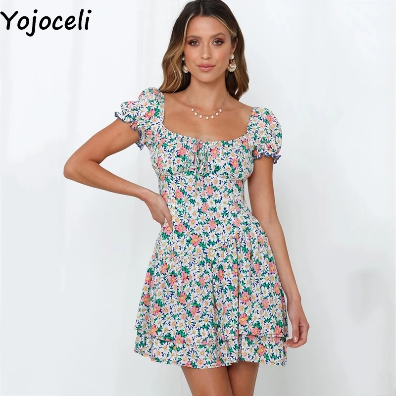 Yojoceli элегантное короткое женское платье с цветочным принтом летнее сексуальное