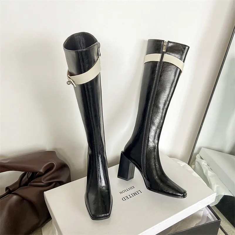

Meotina Real Leather High Heel Woman Boots Square Toe Knee High Boots Chunky Heel Shoes Zip Ladies Long Boots Autumn Winter 42
