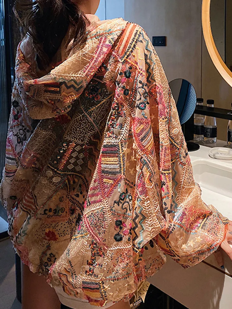 Женская свободная рубашка с длинным рукавом подиумная блестками и вышивкой