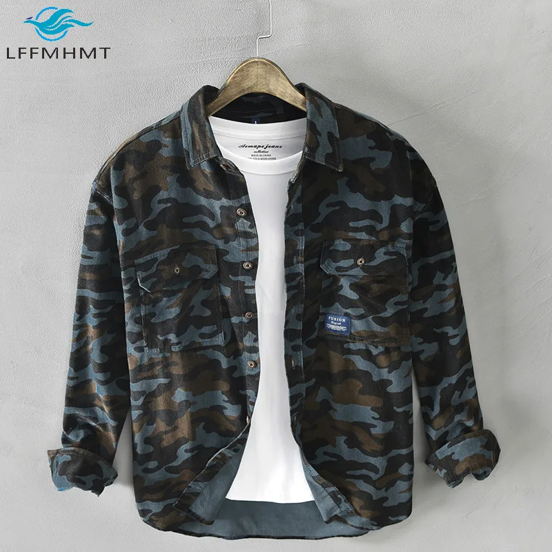 Рубашка мужская Вельветовая модная винтажная камуфляжная рубашка с двумя