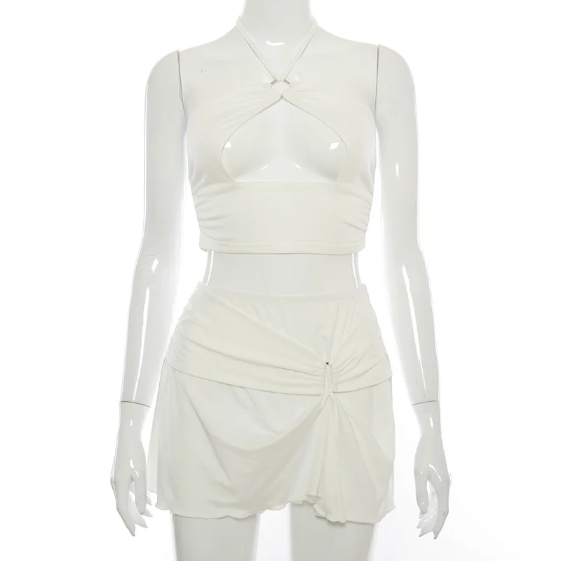 

Sexy Cute 2 Piece Short Sets for Women Summer 2021 Nightclub Outfit Hollow Out Halter Crop Top and Mini Skirt C85-CZ14