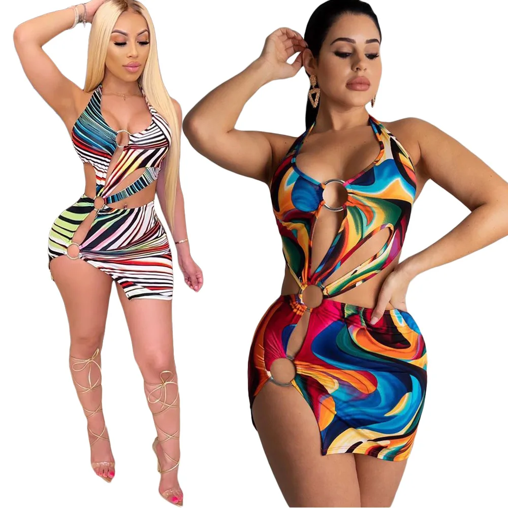 

New Women Colorful Print Dress Sexy Hollow Out Sleeveless Bodycon Mini Dress