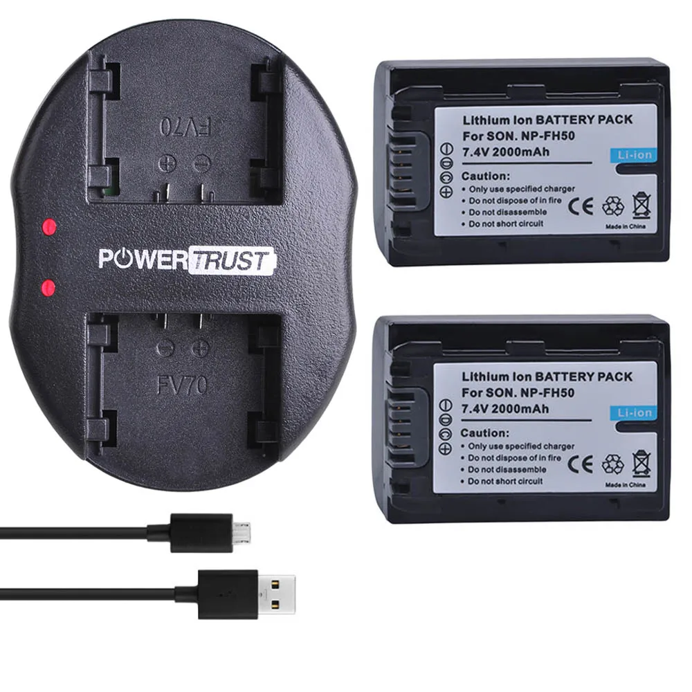 2 шт. аккумуляторы NP FH50 2000 мАч + двойное зарядное устройство USB для Sony A230 A330 A290 A390 HX100