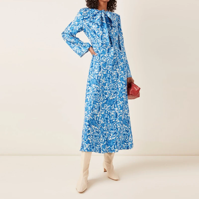 

Runway Spring Autumn New Vintage Blue Print Bow Ribbon Fashion Party Midi Women'S Dress
