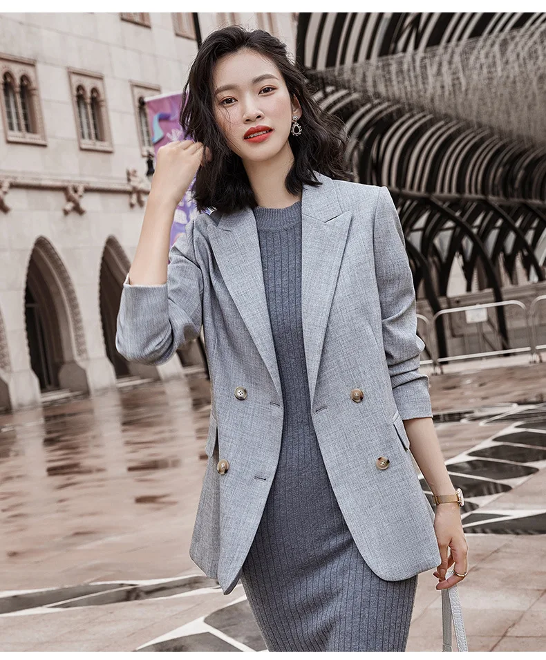 

Grey suit coat for women's leisure polyester double breasted regular blazers coat long-sleeve notched collar