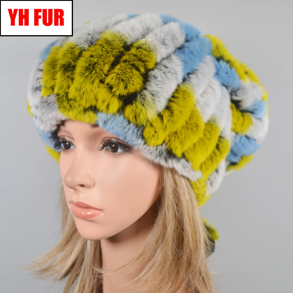 Женские зимние ботинки настоящий мех кролика шапки бини Шапки Настоящий меховые