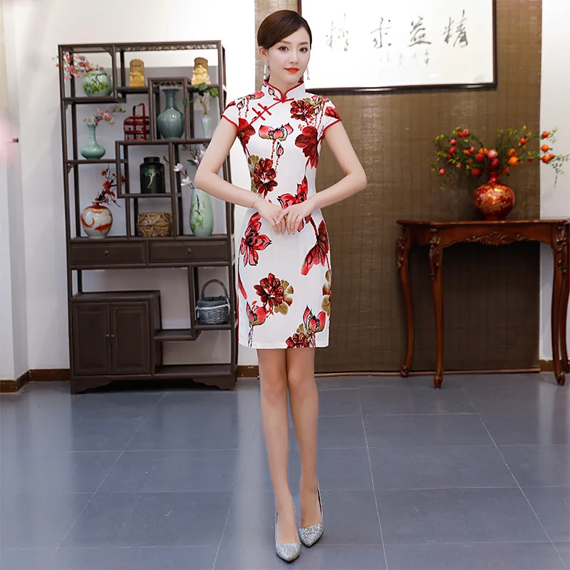 

New parent-child wear children's cotton summer cheongsam slub parent-child wear florets digital positioning and improved