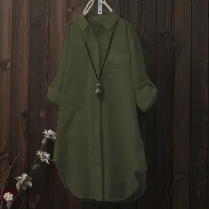 Блузка женская свободного кроя, винтажная Повседневная рубашка из хлопка и льна, однотонная на пуговицах, с длинным рукавом, большие размеры