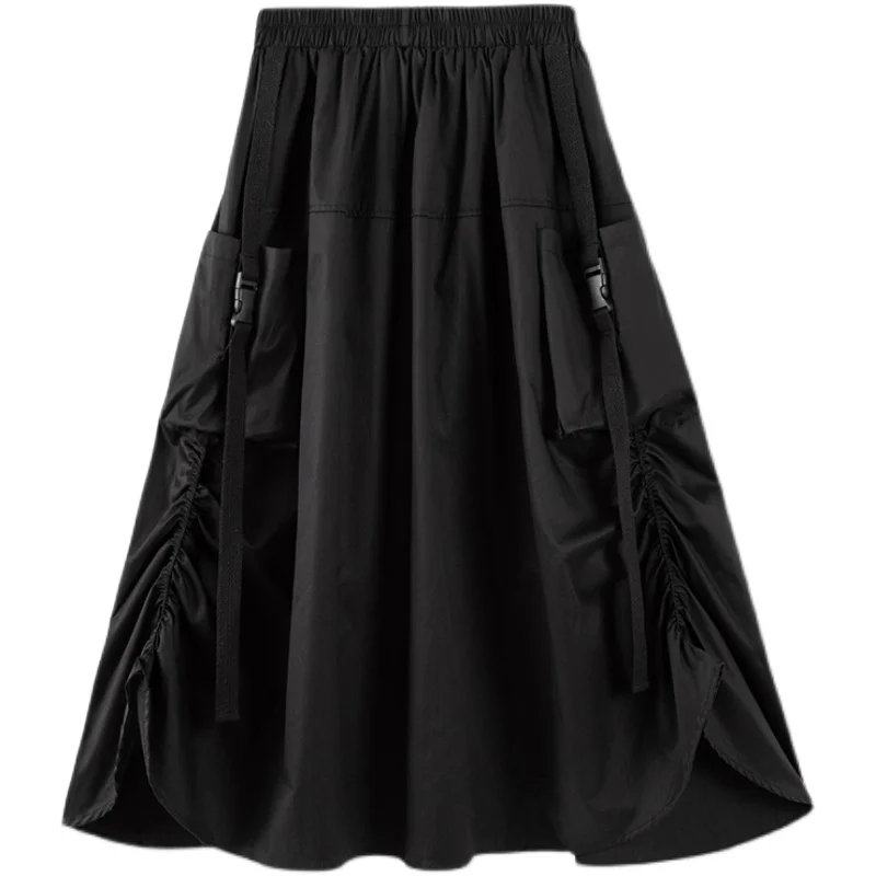 

2021Summer New High Waist Slim Simple Street Style Big Pocket Big Swing Skirt Casual Loose Women A-line Long Skirt Free Shipping