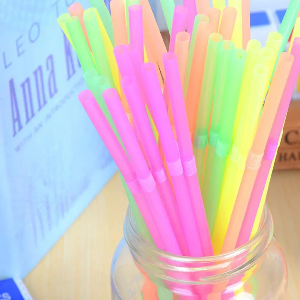 

100Pcs/lot Disposable Plastic Straws Colorful Fluorescent Bendable Straws Fruit Juice Beverage Straws Party Wedding Bar Supplies
