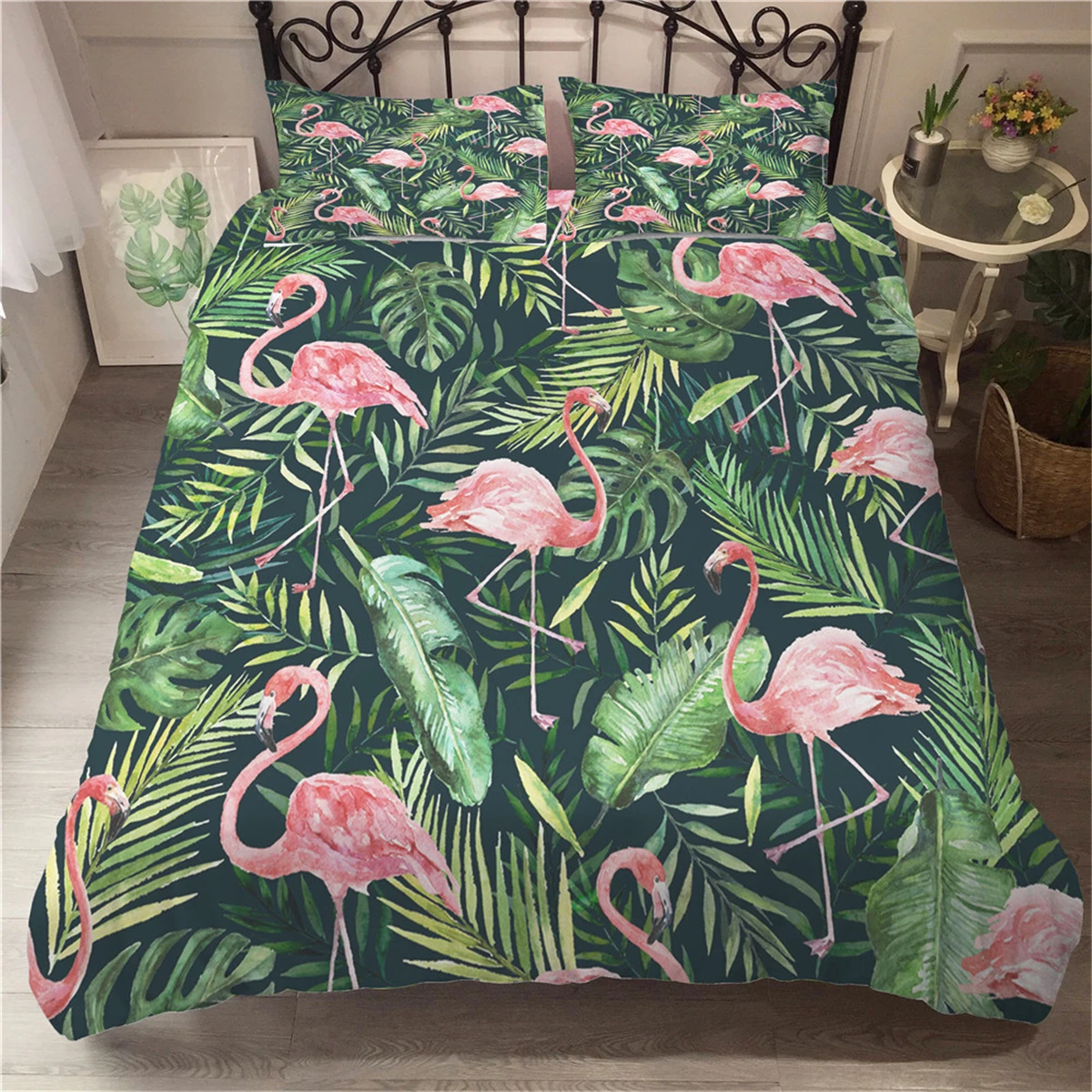 Розовый фламинго постельные принадлежности Тропическое растение зеленый лист