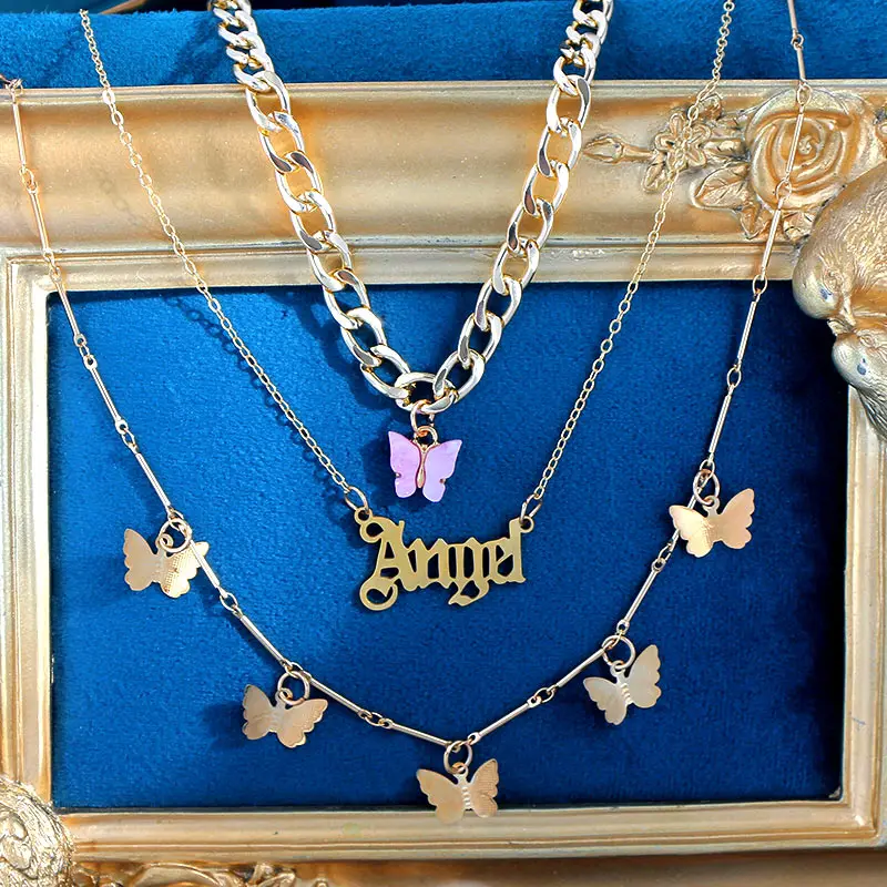 

SUMU Multi Layer Butterfly Choker Necklace For Women Gold Color Punk Letter Pistol Dragon Pendant Necklace Fashion Jewelry