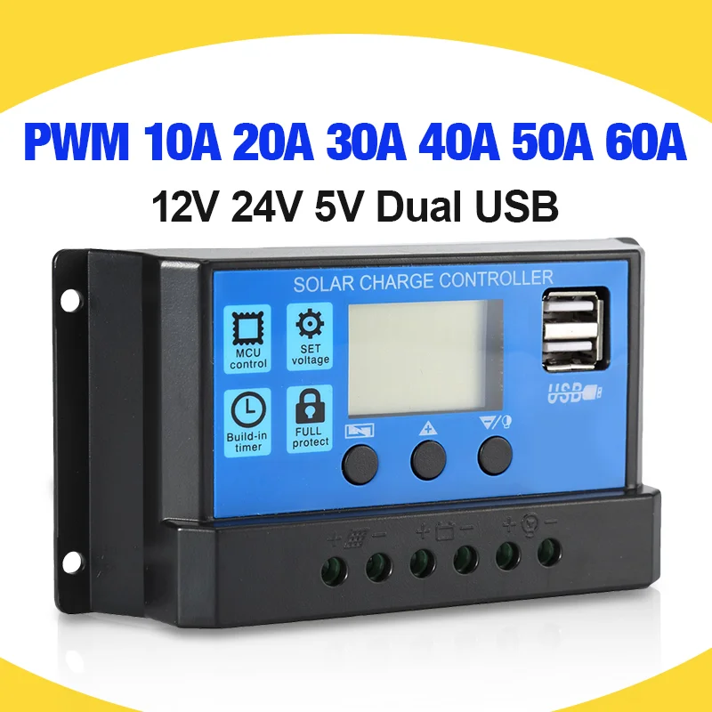 60A/50A/40A/30A/20A/10A Солнечный Зарядное устройство контроллера 12V 24V режимы Auto PWM