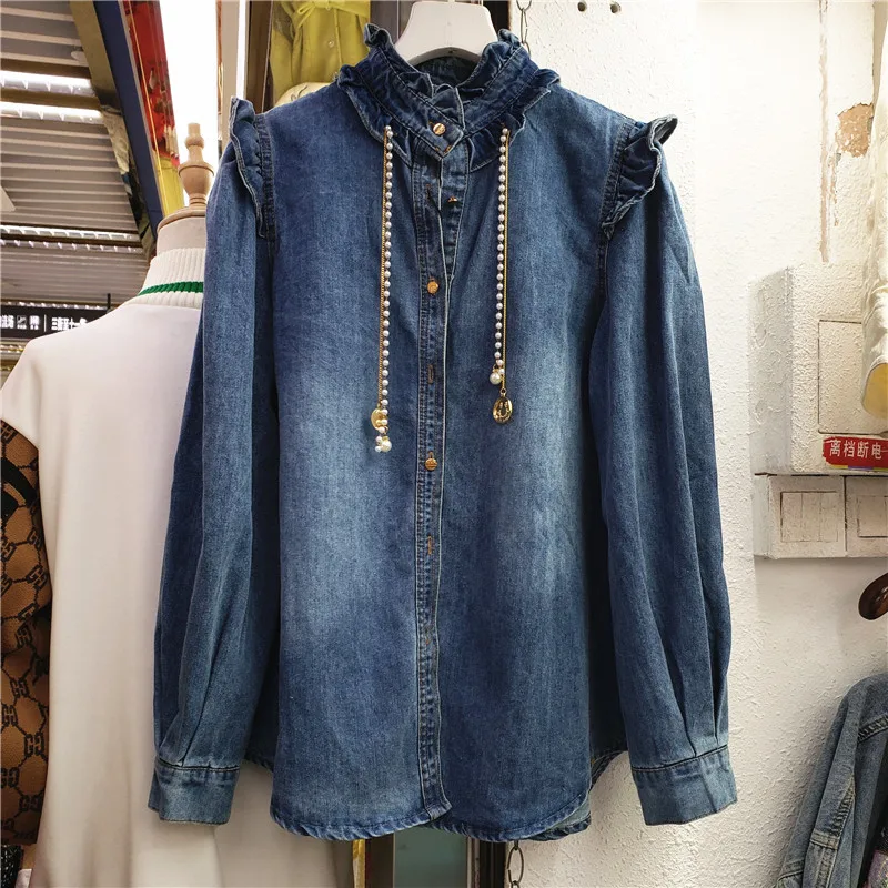 

SuperAen Standing Collar Wood Ear Loose Denim Shirt Fashion Autumn 2021 New Medium and Long Coat Womens Tops