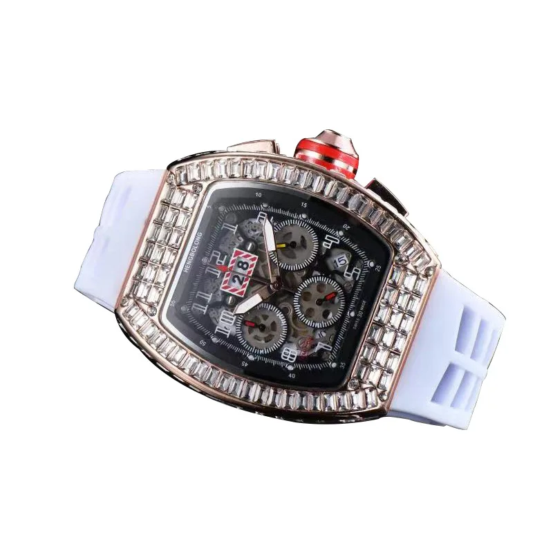

Square Diamond Watch Mens Six-Pin Tonneau Multi-Function Quartz Watches Fashion Calendar Rubber Strap Wristwatch 2021 Wholesale