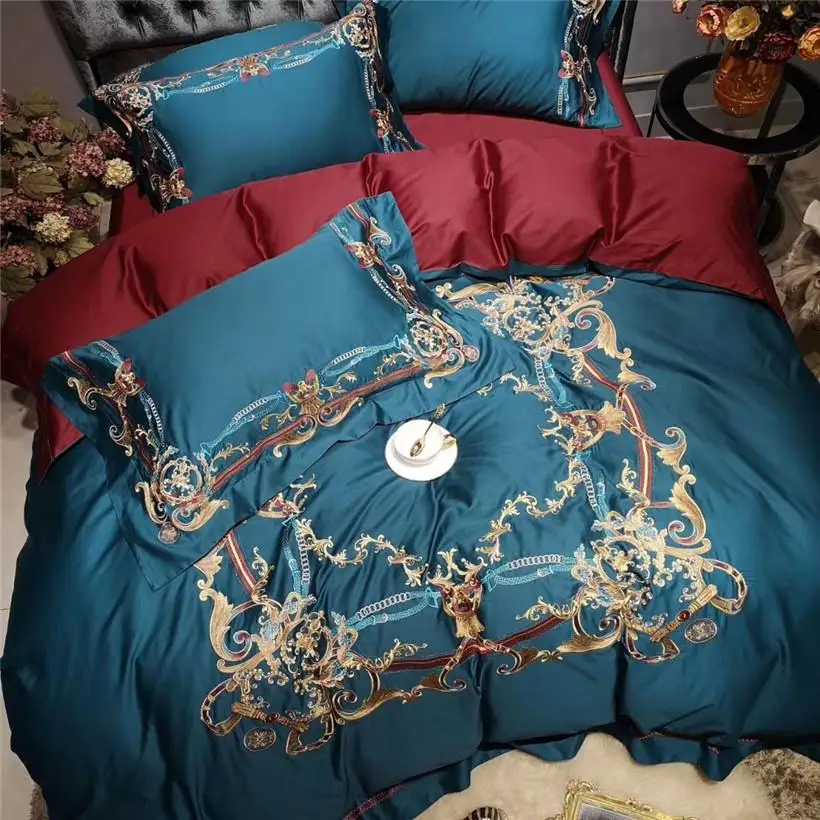 

Chic Luxury Blue Wine Duvet cover Bed sheet set Premium Embroidery Egyptian Cotton Ultra Soft Bedding set 4Pcs King Queen size