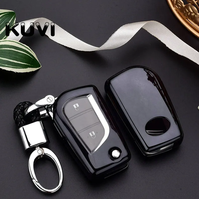 black with keychain Мягкий ТПУ 3 кнопки Автомобильный Брелок дистанционного управления с ключом Оболочка Чехол для Toyota Auris Corolla Avensis Verso Yaris Aygo Scion TC IM - Название цвета: black with keychain