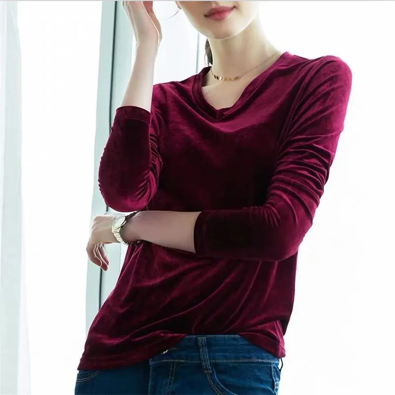 2020 Women New Fashion Solid Color Gold Velvet Tops Vintage Fitted Long Sleeves Ladies Basic Velour Plus Size M-7XL |
