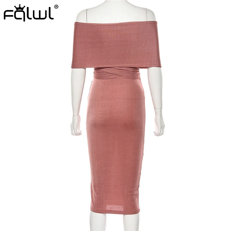 FQLWL Strapless Pink Sexy Bodycon Dress Women Off Shoulder Backless Wrap Midi Autumn Ladies Celebrity Club Party Dresses | Женская
