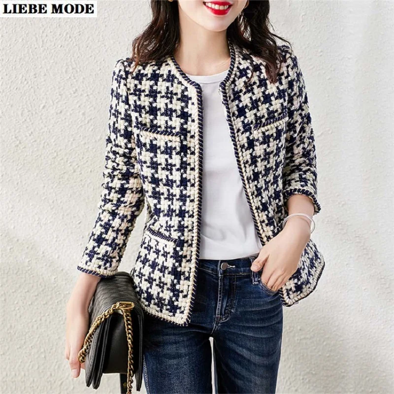 

Vintage Elegant Plaid Tweed Jacket Women O-neck Long Sleeve Wool Jackets Coats Office Ladies Autumn Slim Fit Outwear