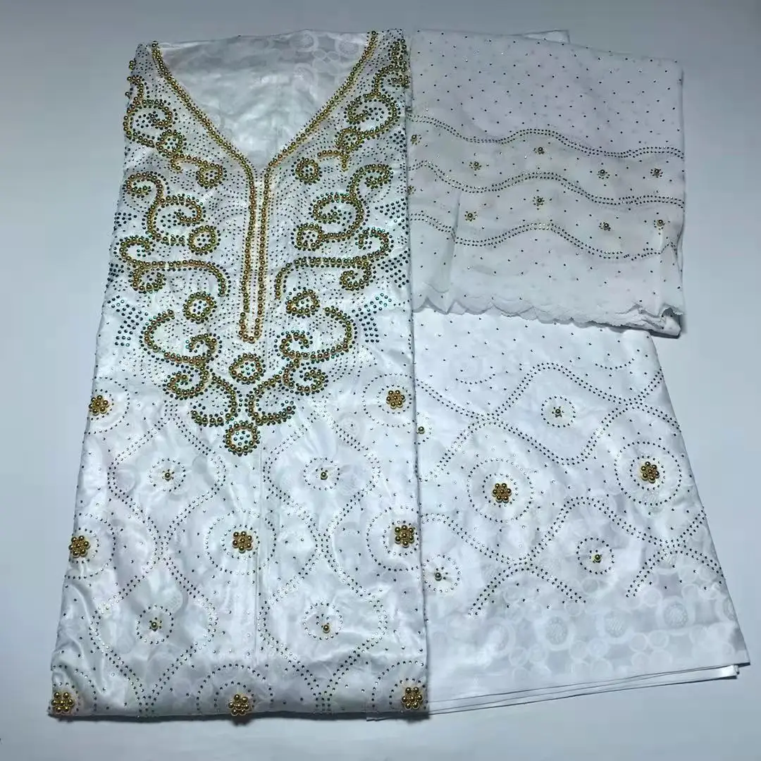 Top 3 In 1 Bazin Riche Sewing With Rhinestones&Beads African Fabric Nigerian Jacquard Brocade Beaded For Dress Material | Дом и сад