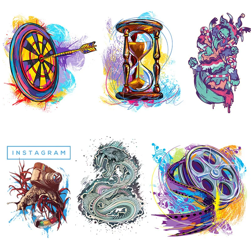 

Colourful Movie film Hourglass Tape Heat Transfer Patches For Clothing DIY Iron On Patches Darts Print T-shirt Patch