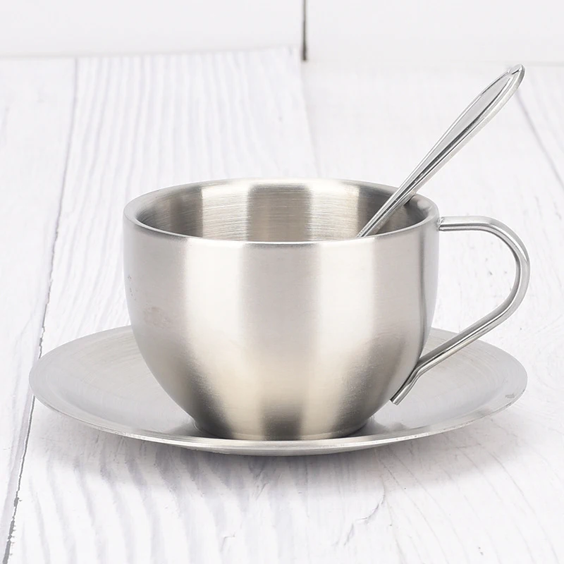 

Double-deck Stainless Steel Coffee Cups Set Thermal Insulation Coffee Mug Tea Cups Set Tea Set Milk Mug with Saucer Mat Spoon