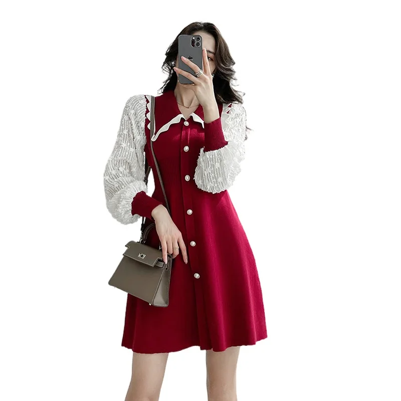 Spring Autumn Women Dresses Lantern Sleeve Knitted Sweater Dress Turn Down Collar High Waist Casual Dress Female T8507