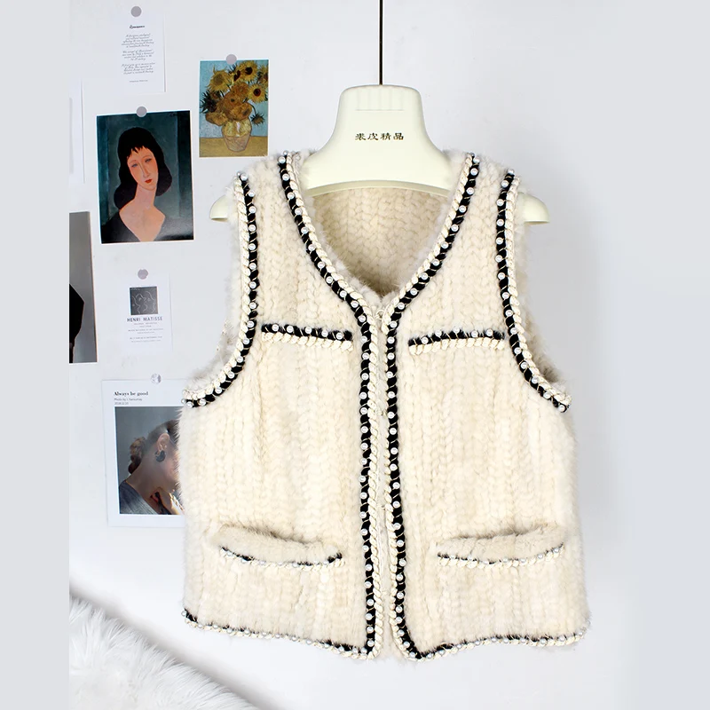 

2021 New Autumn And Winter New Ladies Natural Mink Woven Vest Real Fur Jacket Woman Pearl Decoration Korean Fashion Streetwear